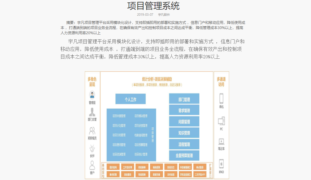 宇凡项目管理平台的功能截图